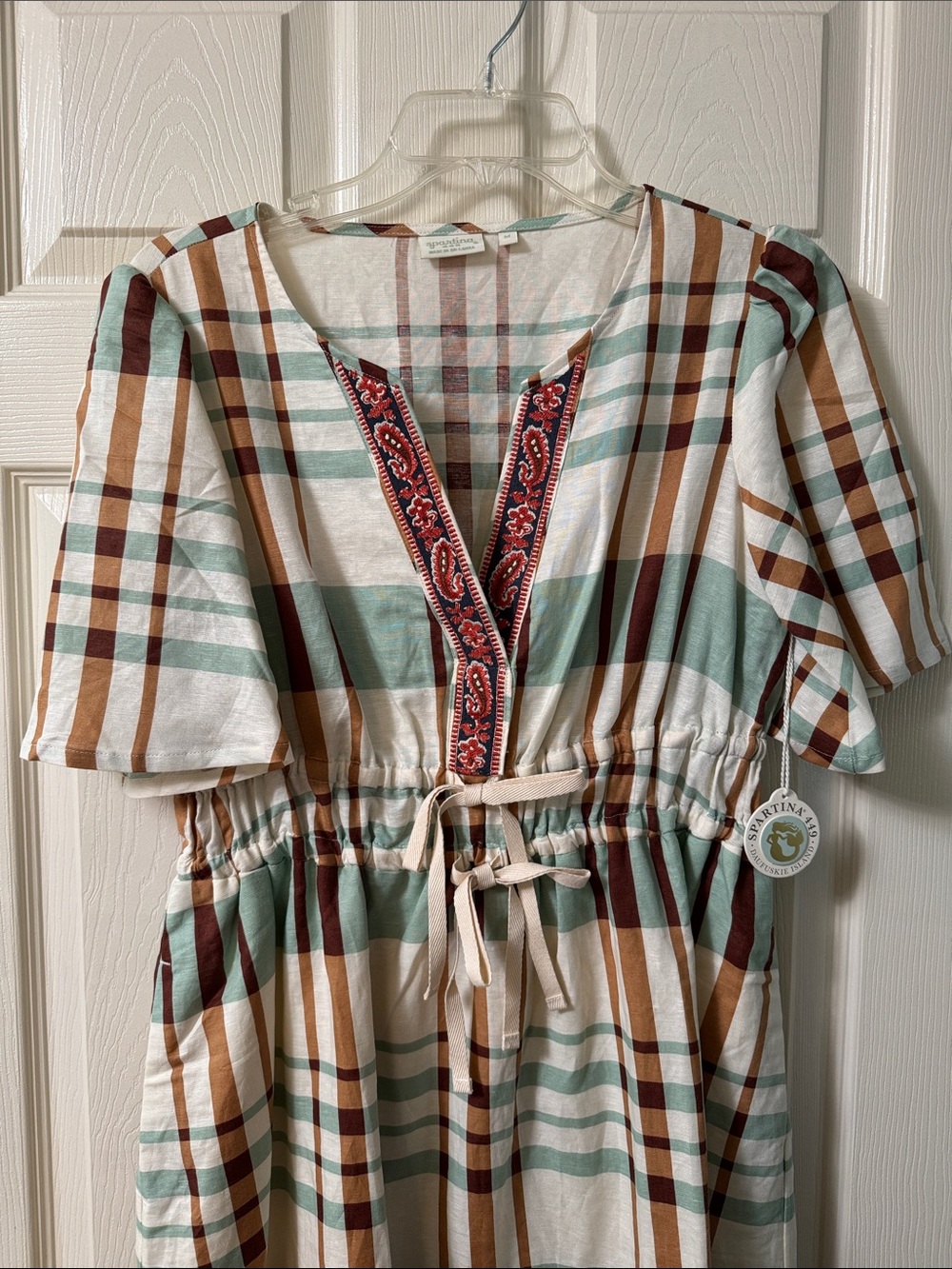 Spartina 449 Sage, Cream and Brown Plaid Drawstring Maxi Dress - Picture 4 of 6
